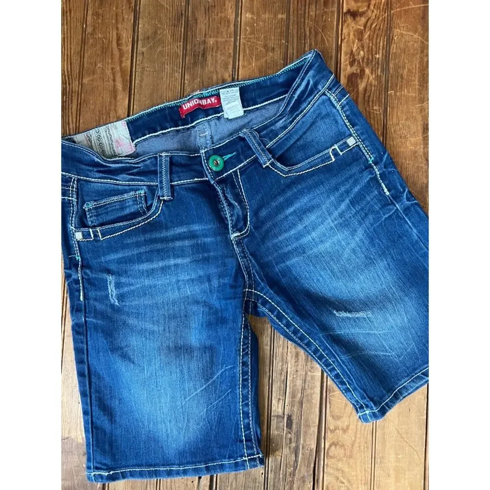 Y2K Denim shorts women’s Embroidered low rise long leg Dark Wash Union Bay